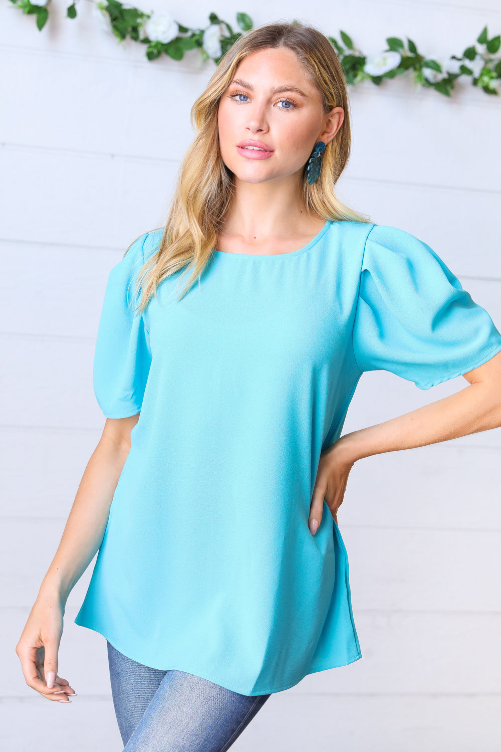 Sky Blue Round Neck Puff Sleeve Crepe Top
