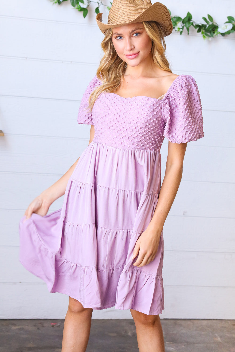 Lilac Embossed Bubble Sleeve Smocked Tiered Babydoll Dress
