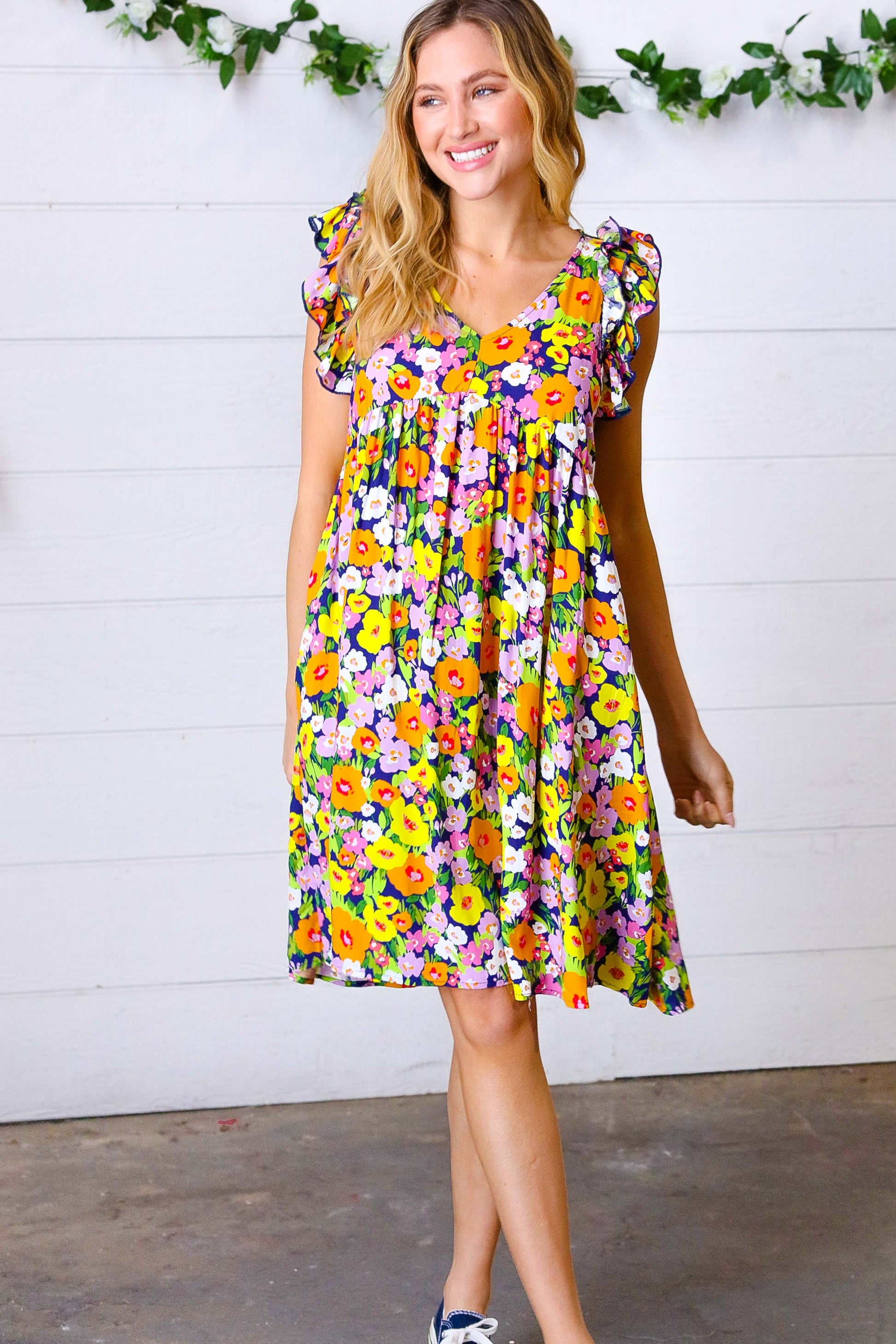 poppy floral bright color v-neck knee length dress, modest dresses, modest dresses for women