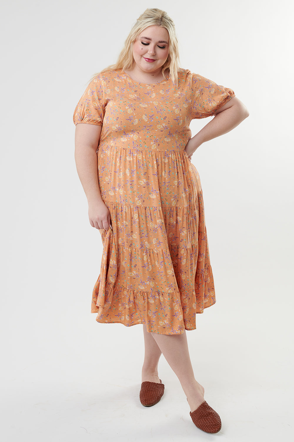 orange floral midi dress, modest dresses, tznius dresses\
