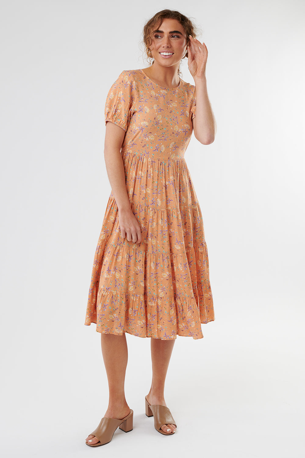 orange floral midi dress, modest dresses, tznius dresses
