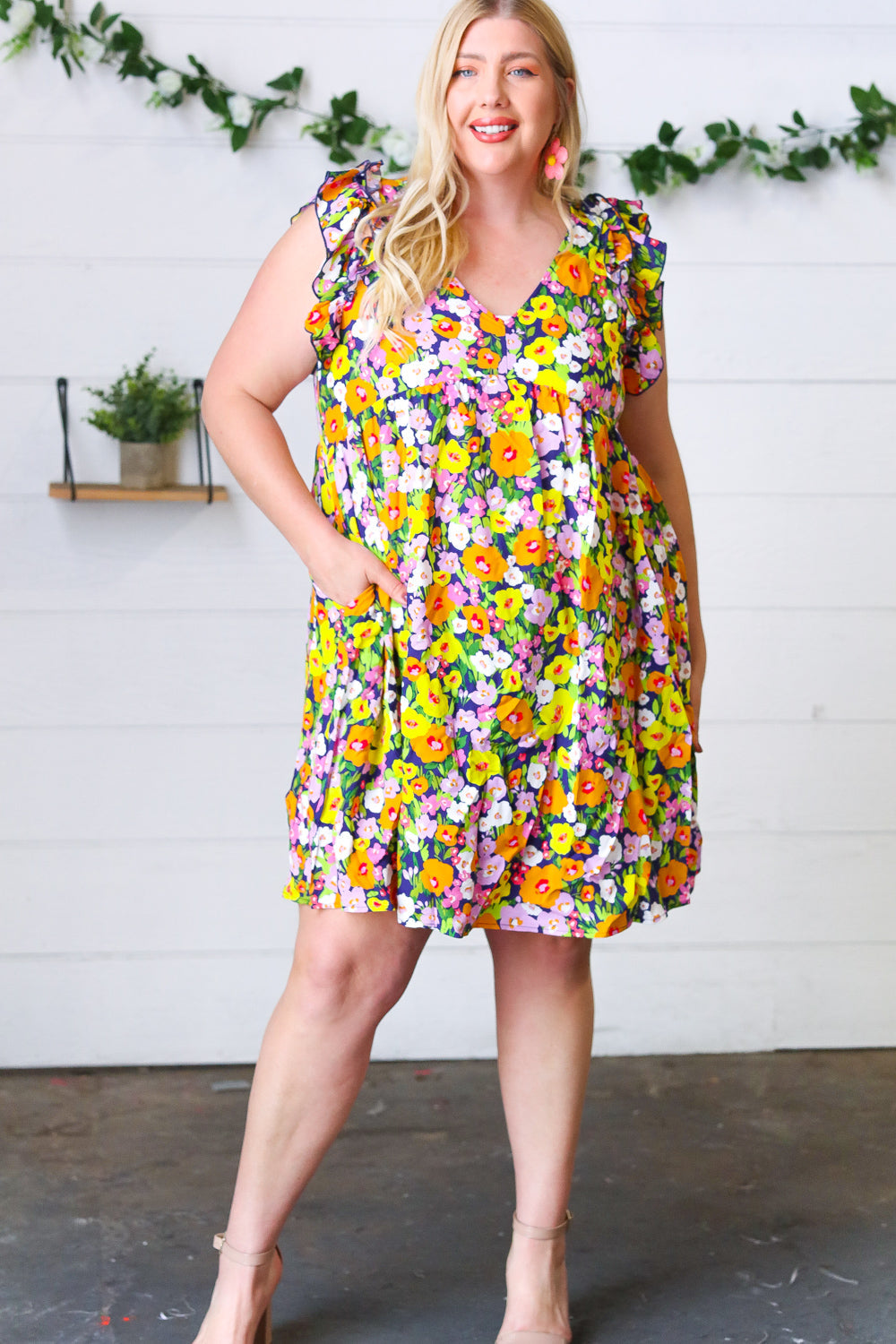 poppy floral bright color v-neck knee length dress, modest dresses, modest dresses for women