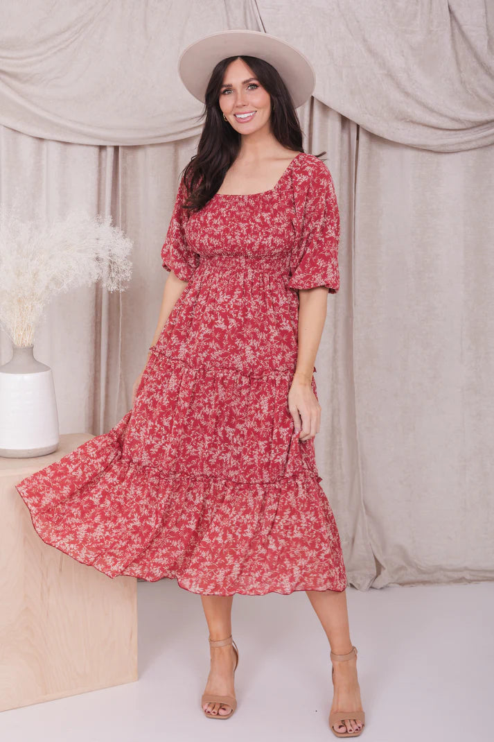 red floral half sleeve midi dress, modest dresses, modest dresses for women, tznius dresses