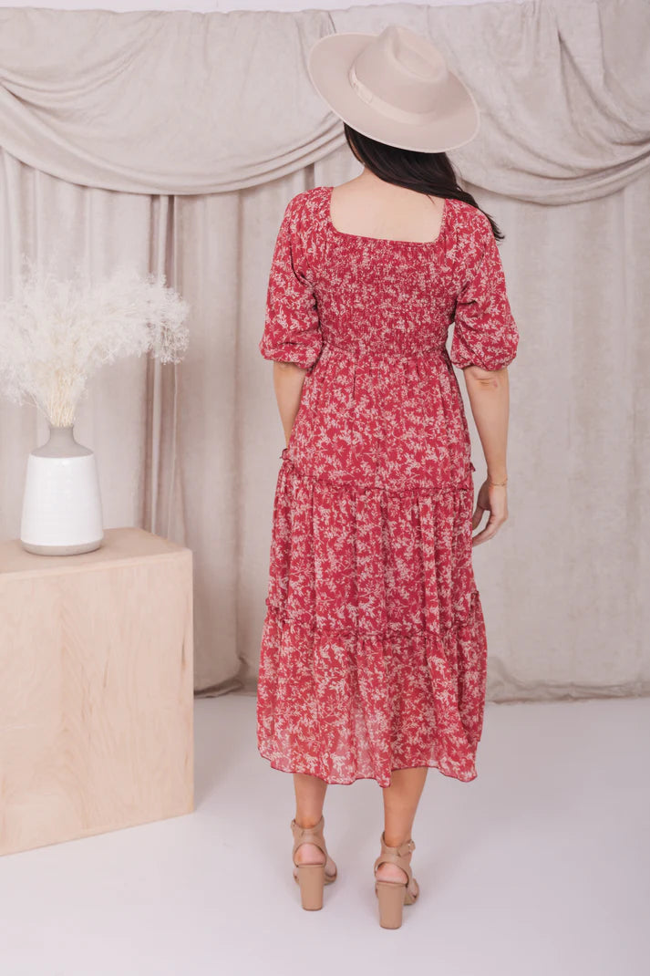 red floral half sleeve midi dress, modest dresses, modest dresses for women, tznius dresses
