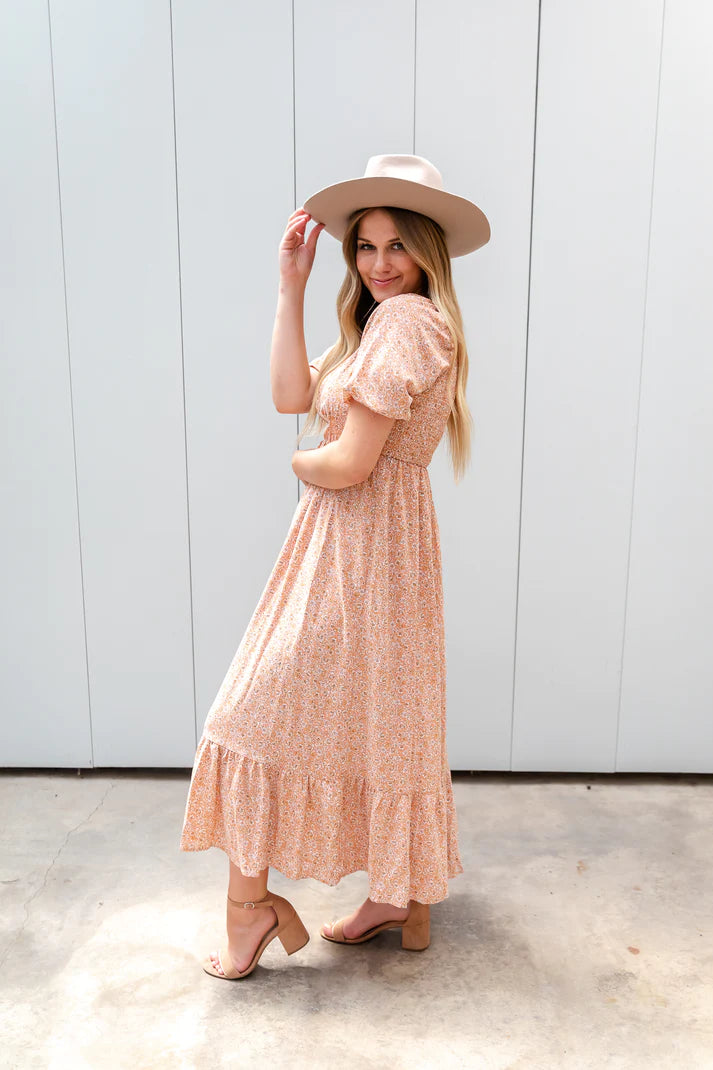 peach floral maxi dress, modest dresses, modest dresses for women, tznius dresses