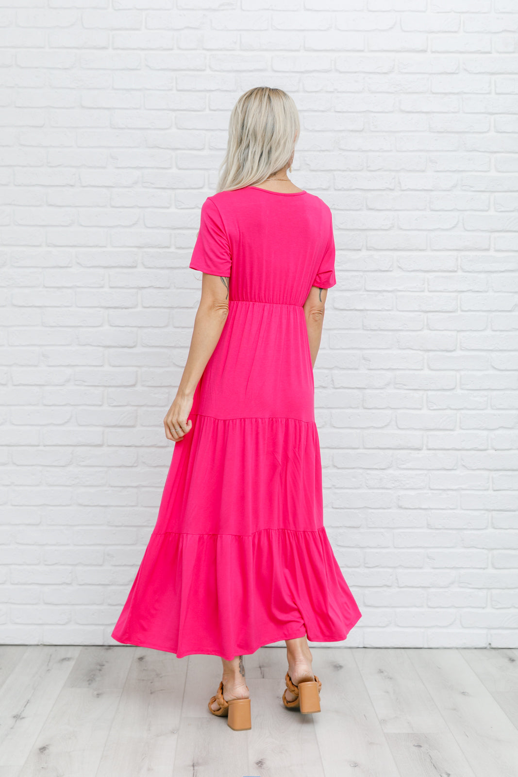 pink v-neck tiered skirt maxi dress, modest dresses, plus sized modest dresses