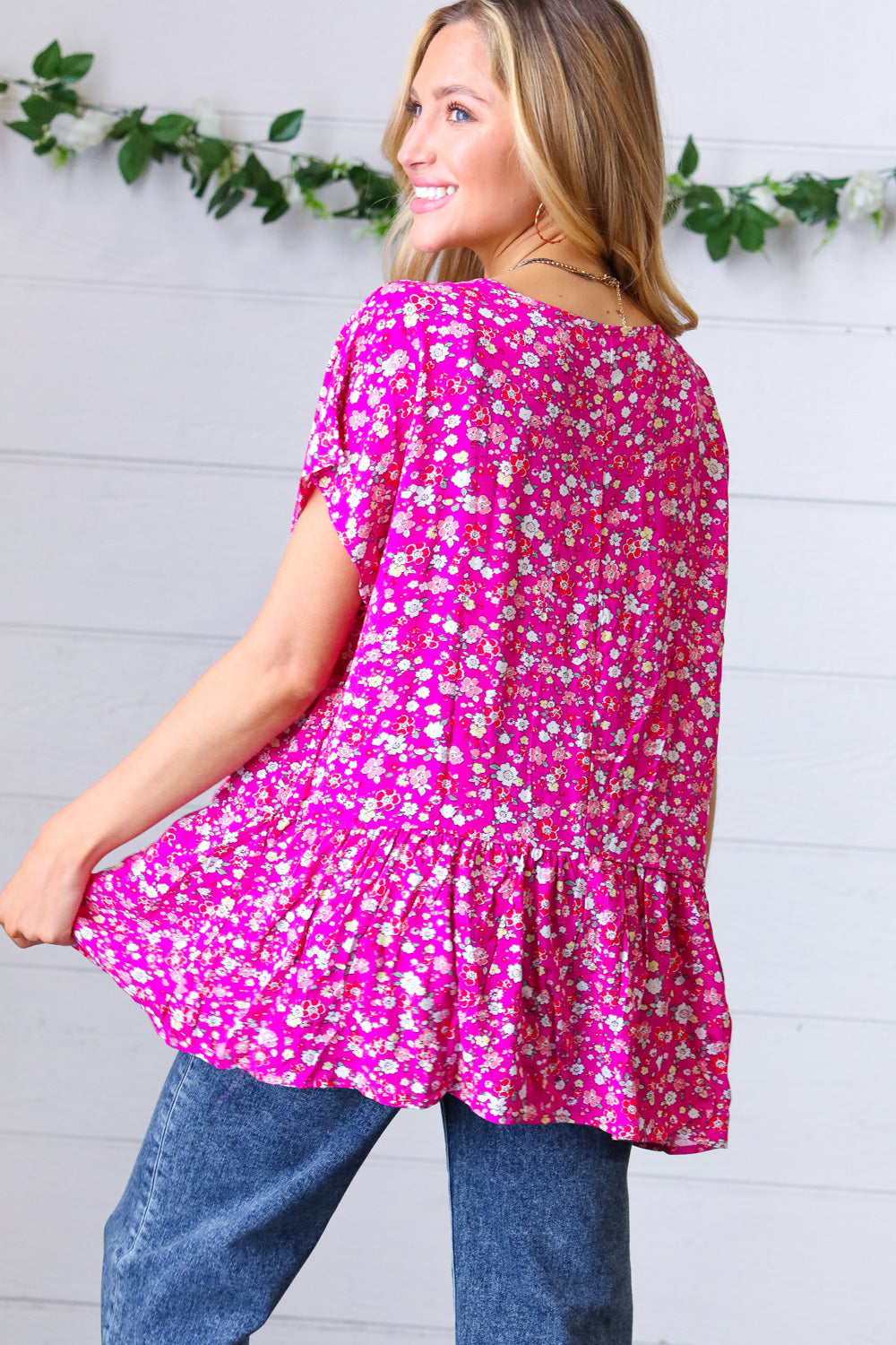 fuchsia babydoll floral blouse, affordable modest women's clothing, cheap modest clothing, modest clothing