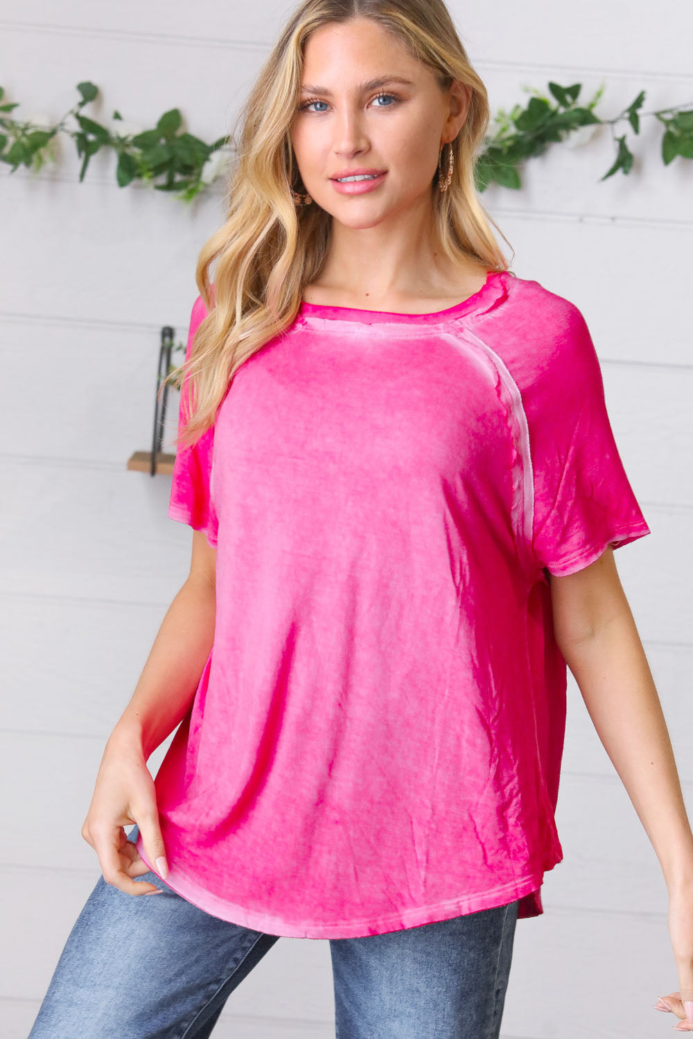 pink raw hem oversized women's tee,  affordable modest women's clothing, cheap modest clothing