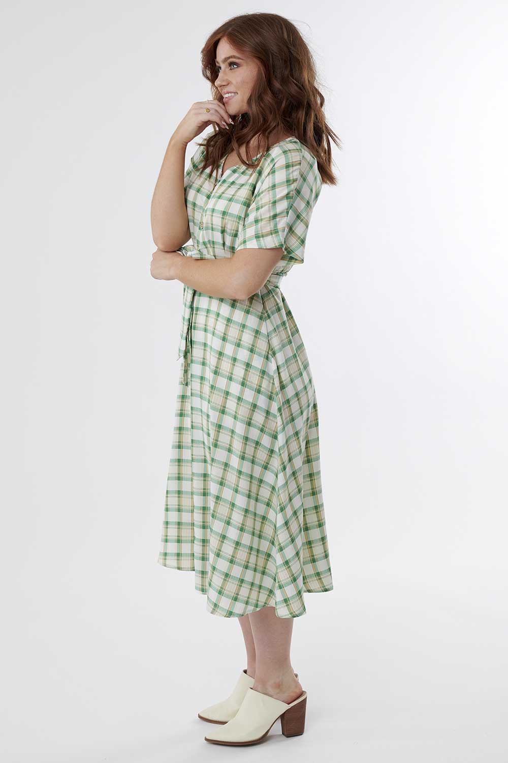 plaid gingham green waist tie button up dress, dresses for nursing moms, modest dresses