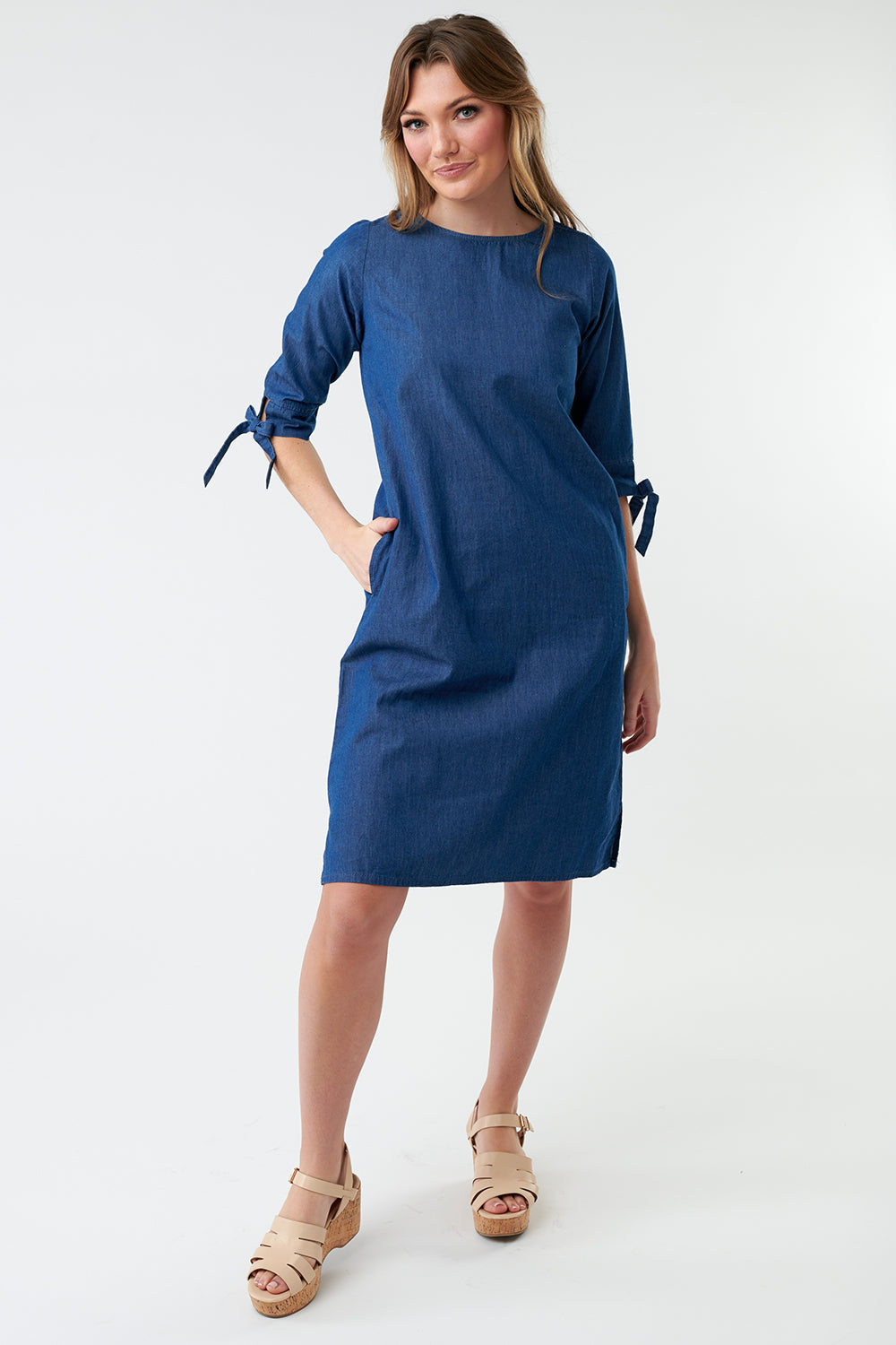 knee length 1/2 sleeve denim sheath dress, modest dresses, tznius dress