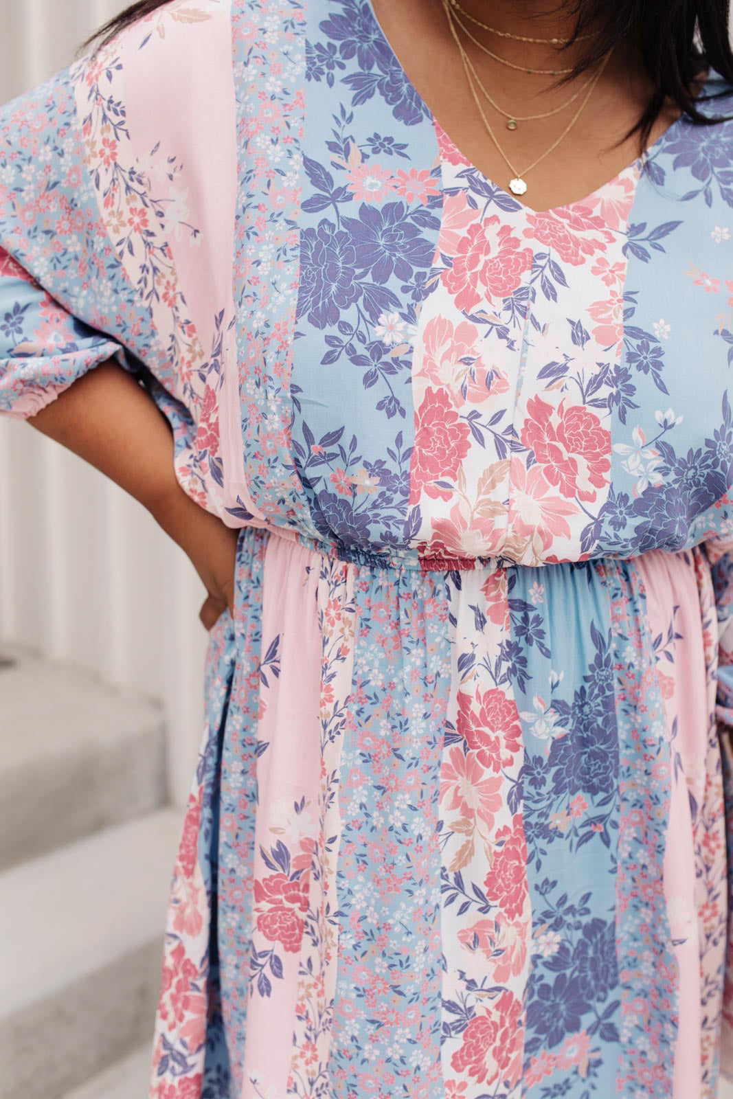 floral blue pink knee length v-neck dress, modest dresses, plus sized modest dresses