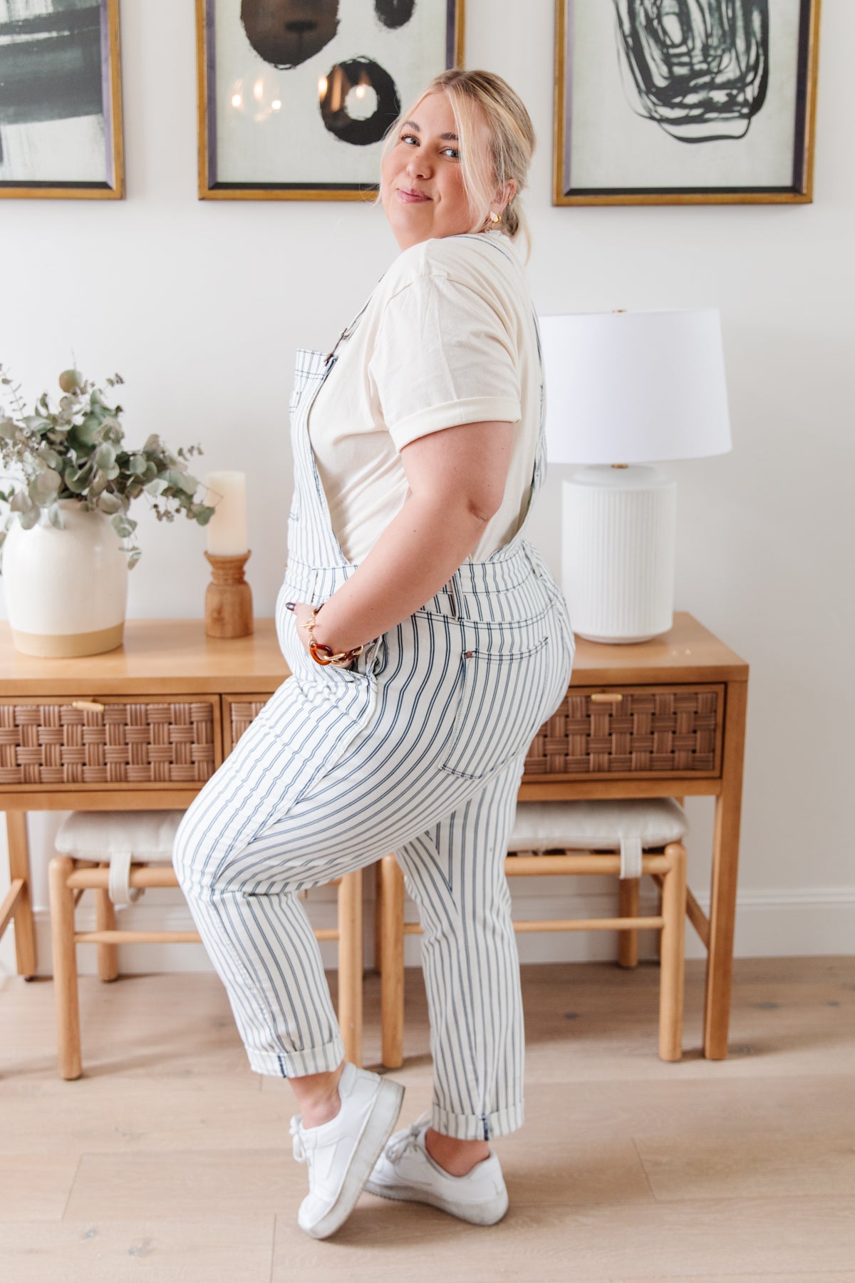 vertical stripe overalls, modest clothing, modest clothes, plus sized modest