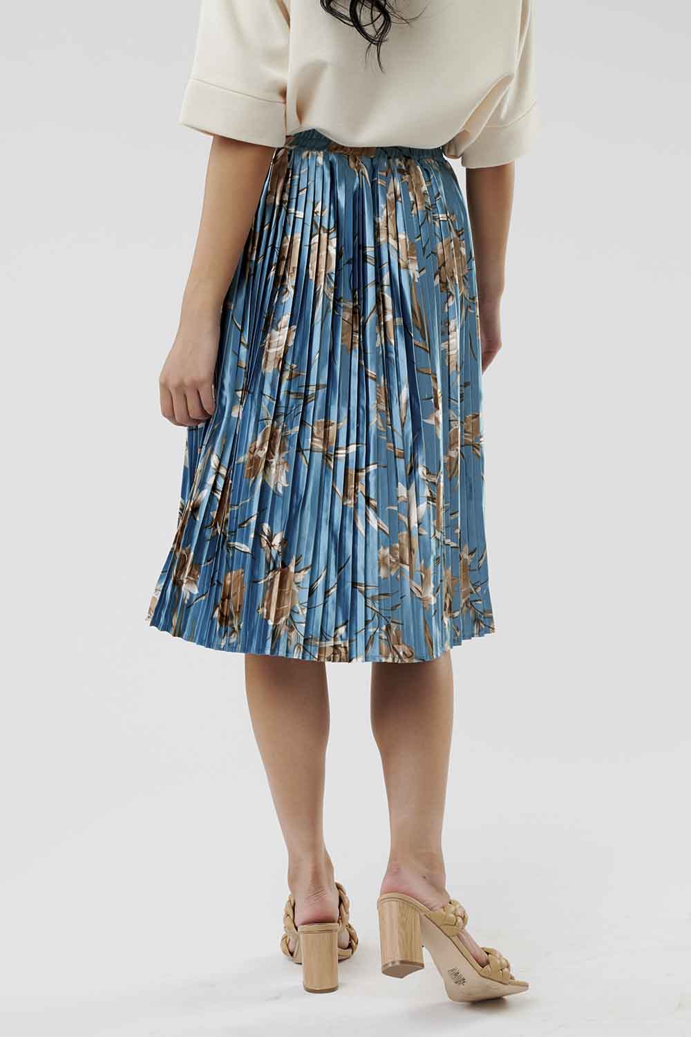 blue pleated shiny knee length midi skirt, modest clothing, plus sized modest clothes