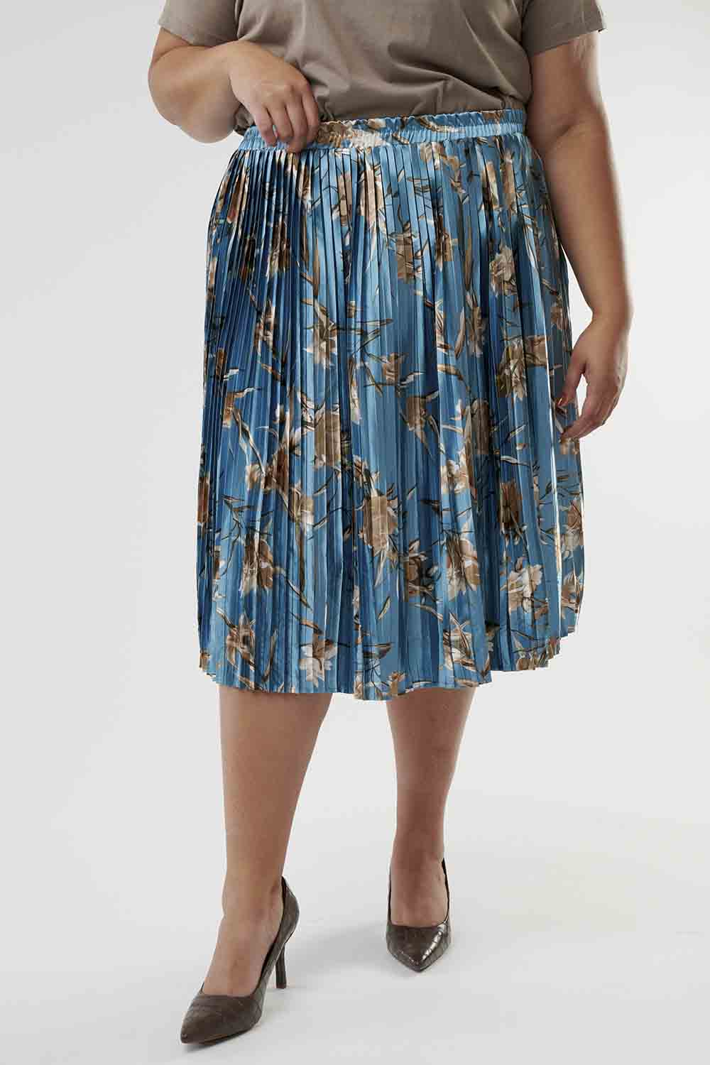 blue pleated shiny knee length midi skirt, modest clothing, plus sized modest clothes
