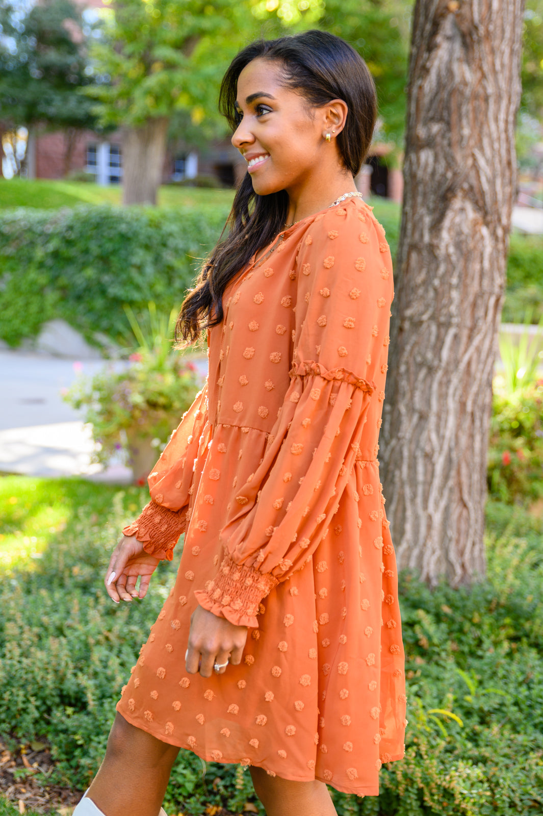 pumpkin orange swiss dot knee length dress, modest dresses, plus sized modest dresses